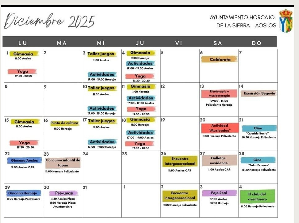 Actividades diciembre 2025 Horcajo Aoslos