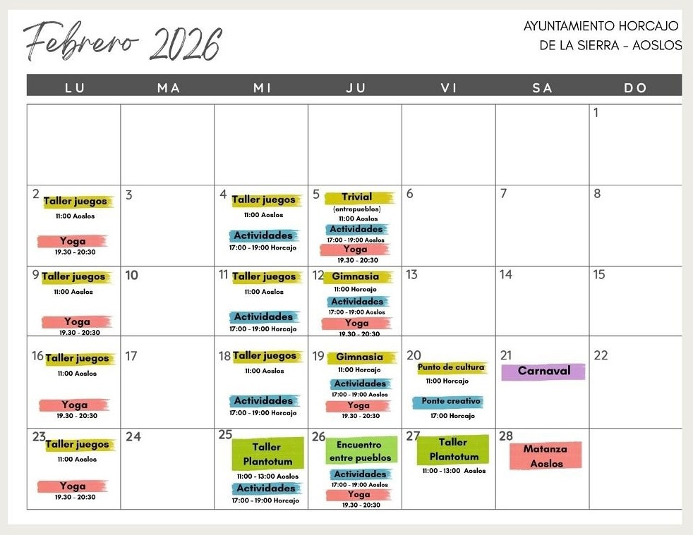 actividades febrero 2026 Horcajo Aoslos