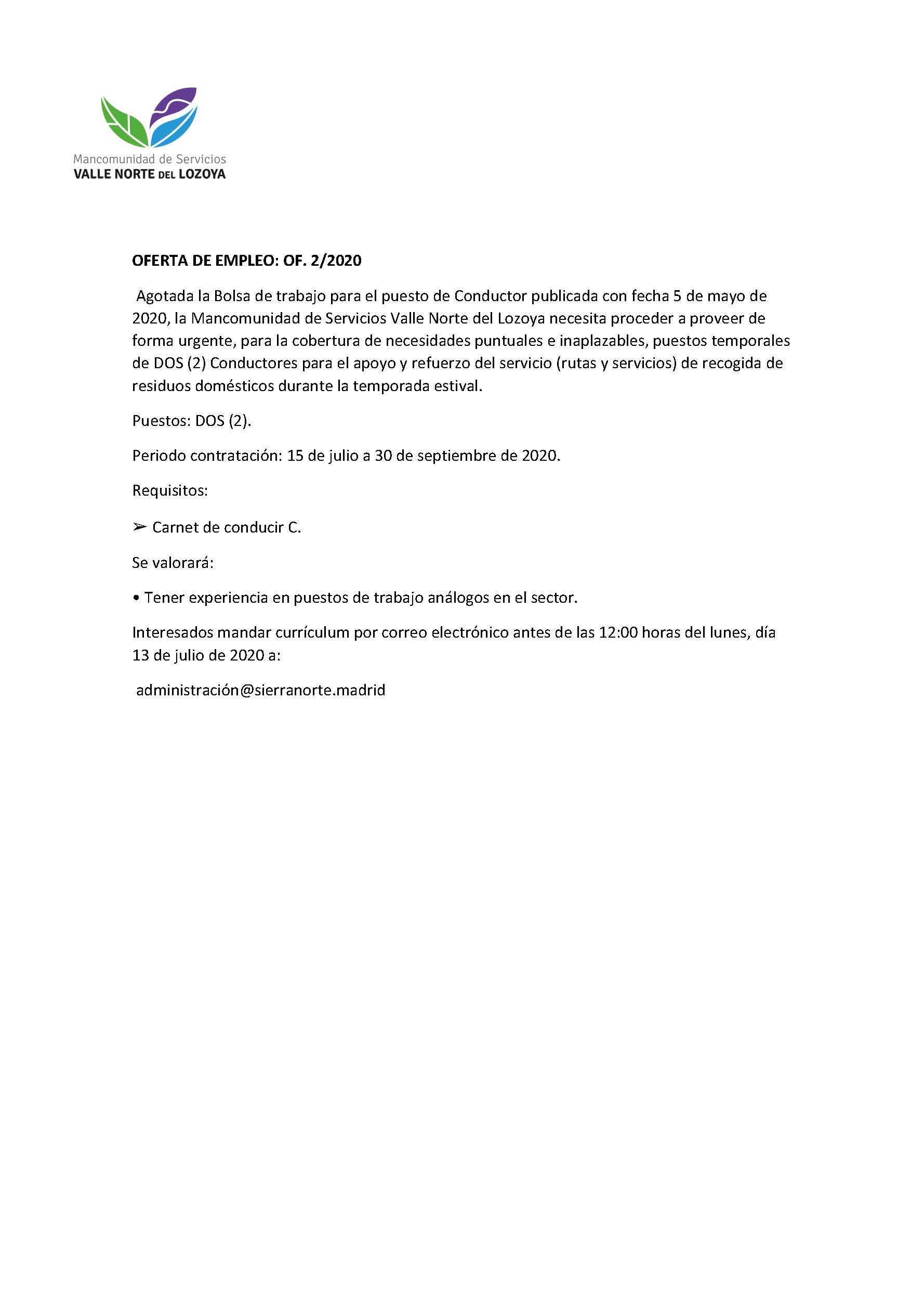 Oferta empleo Mancomunidad