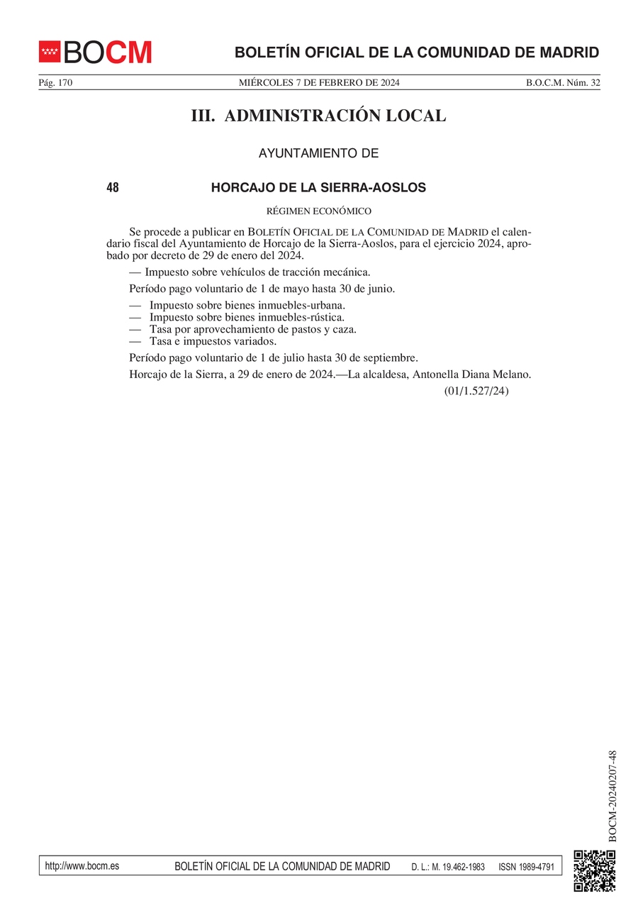 BOCM CALENDARIO FISCAL 2024 HORCAJO DE LA SIERRA AOSLOS